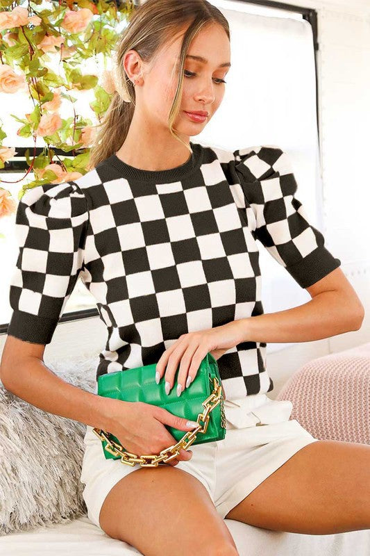 Checker Print Knit Top