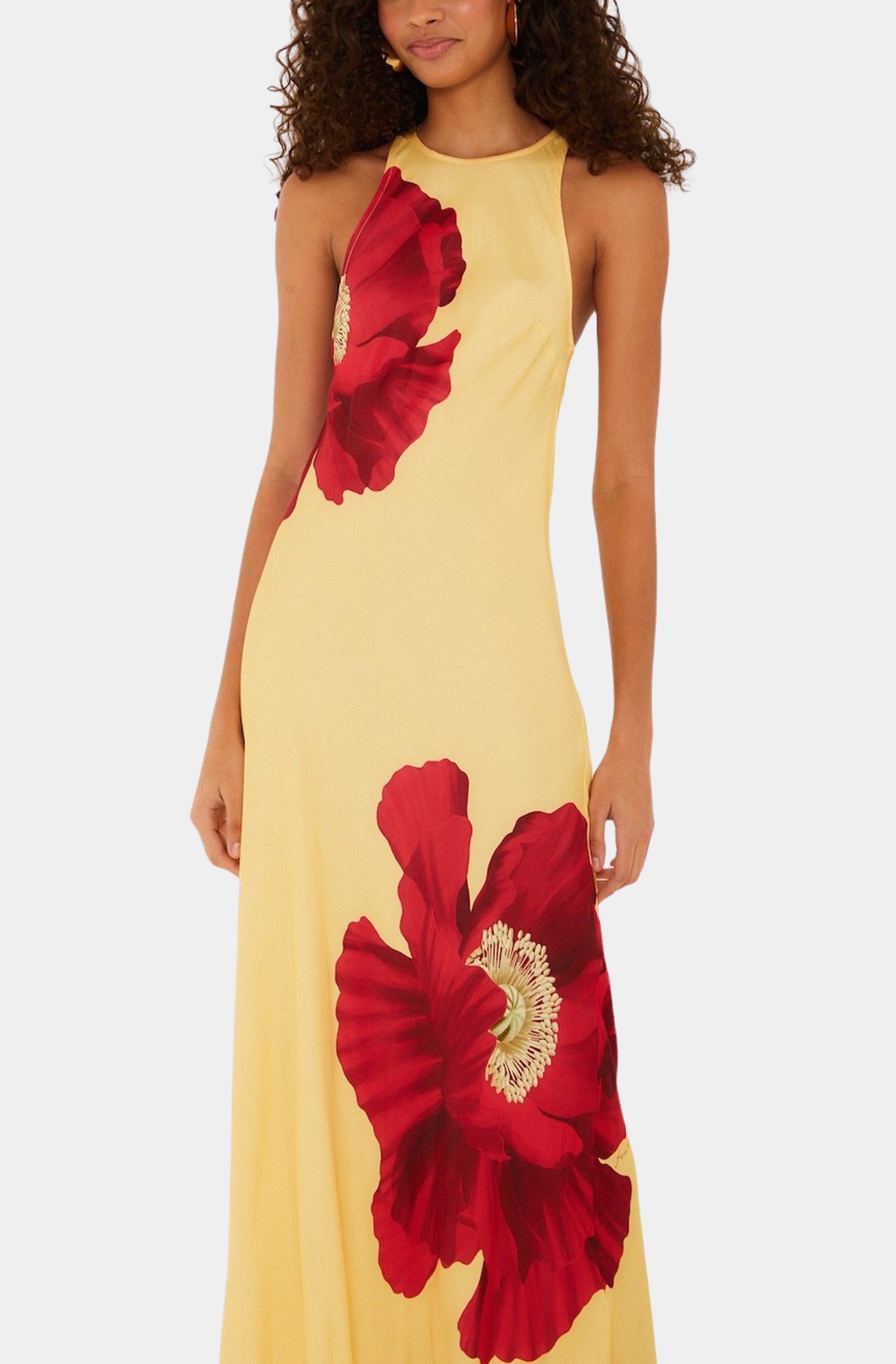 Poppy Flowers Light Yellow Sleeveless Maxi Dress